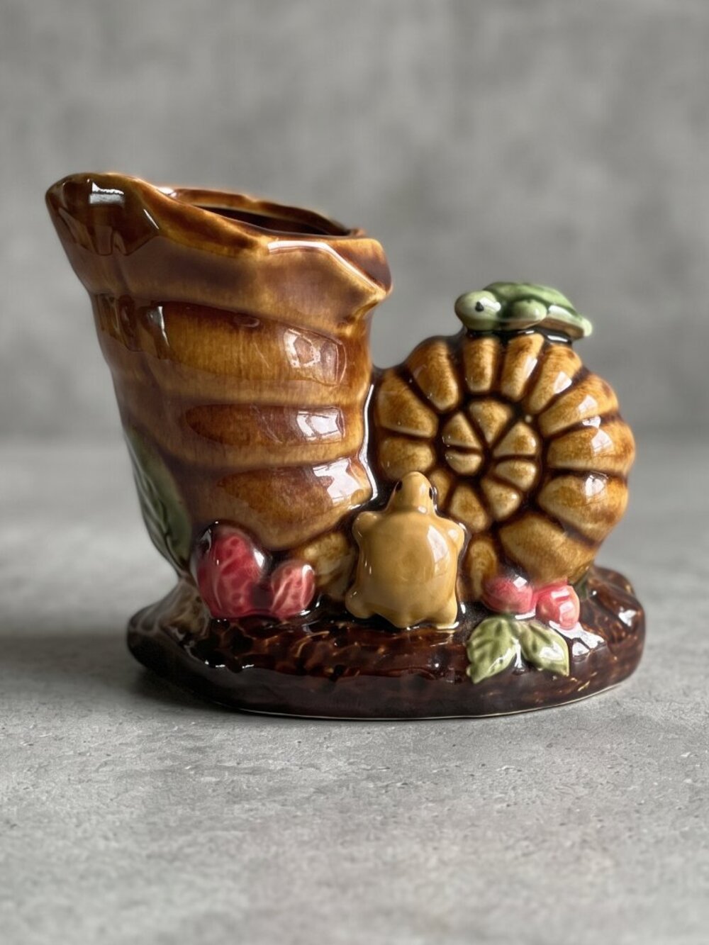 Vintage Ceramic Turtle Seashell Planter Coastal Ocean Decor 5” Brown Glaze